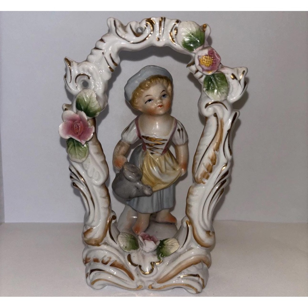 Antique Ucagco Japan Ceramic Girl With Watering Can Floral Figurine 6" Tall